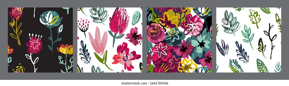 Set of vector colorful collage contemporary natural seamless patterns. Modern abstract shapes, hand drawn textures, flowers, leaves and plants.