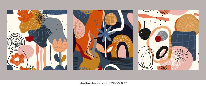 Set of vector colorful collage contemporary seamless patterns. Modern abstract shapes, hand drawn textures, cut out paper and plants.