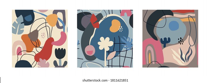 Conjunto de patrones contemporáneos de colaje de colores vectoriales sin fisuras. Formas abstractas modernas, texturas dibujadas a mano, papel cortado y plantas.