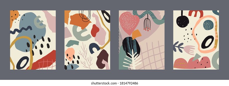 Set of vector colorful collage contemporary cards or posters. Autumn nature collection. Modern abstract shapes, hand drawn textures, cut out paper, plants and flowers.