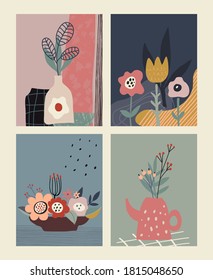 Conjunto de tarjetas o afiches contemporáneos vectoriales coloridos. Colección natural de otoño. Formas abstractas modernas, texturas dibujadas a mano, papel cortado, plantas y flores.