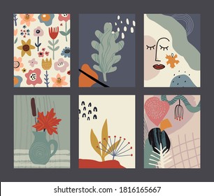 Set of vector colorful collage contemporary cards or posters. Autumn nature collection. Modern abstract shapes, hand drawn textures, cut out paper, women face, plants and flowers.