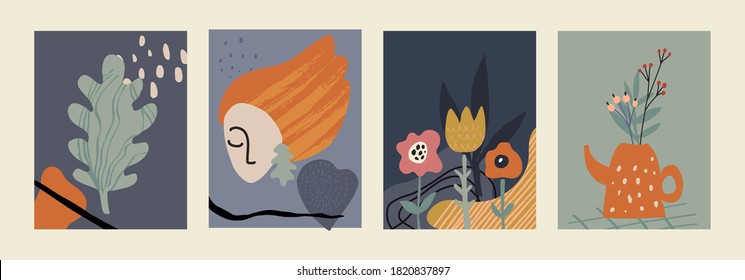 Set Of Vector Colorful Collage Contemporary Cards Or Posters. Autumn Nature Collection. Modern Abstract Shapes, Hand Drawn Textures, Cut Out Paper, Women Face, Plants And Flowers.