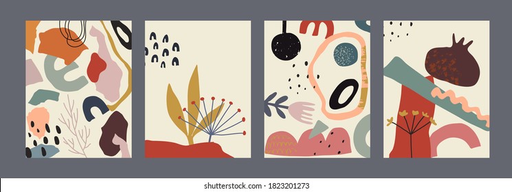 Set of vector colorful collage contemporary cards or posters. Autumn nature collection. Modern abstract shapes, hand drawn textures, cut out paper, plants and flowers.