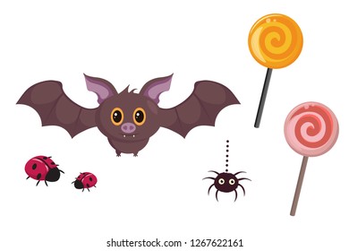 Set. Vector. Colorful collection of cartoon illustrations with bat, ladybug, spider and lollipops isolated on white background - Vector graphics. 