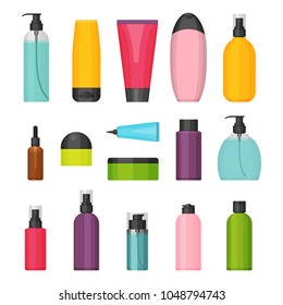 Set of vector colorful cosmetic bottles for beauty and cleanser, skin and body care, toiletres. Flat design on a white background. Cream, tooth paste, shampoo, gel, spray, tube and soap