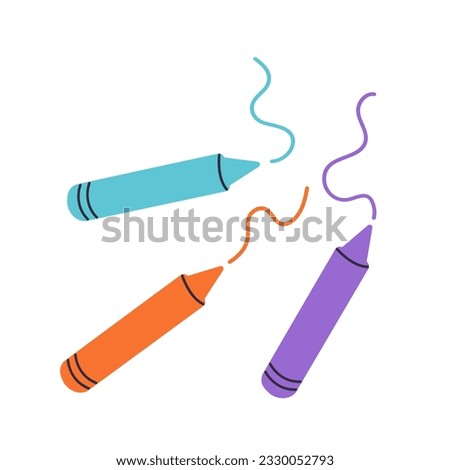 Set of vector colorful crayons. Art supplies. Flat cartoon style. Cute school stationery. Hand drawn illustration isolated on white background.
