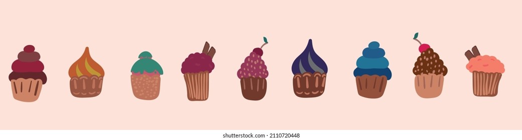 Set of vector colorful cup cakes with different flavors