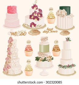 Set of vector colorful decorated layer wedding cakes and cupcakes