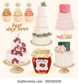 Set of vector colorful decorated layer wedding cakes, jam and cupcakes