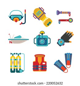 Set of vector colorful diving icons like mask fins flippers flashlight sea boat underwater photo camera and scuba in flat style