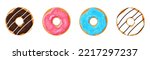 Set of vector colorful donuts. Sweet icing sugar donuts. Break time with white and dark chocolate, pink and blue icing donuts on top. Vector illustration isolated on white background