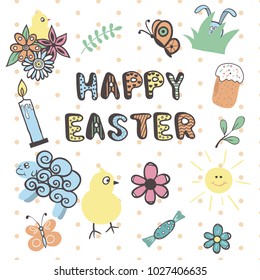 Set of vector colorful  Easter doodles - bunny,  baby chick,  Easter cake, isolated on background with dots.