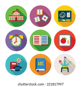 Set of vector colorful education icons in flat style like school building alphabet cube book alarm clock chemical flask and graduation hat