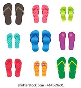 Set of vector colorful family flip flops on white background