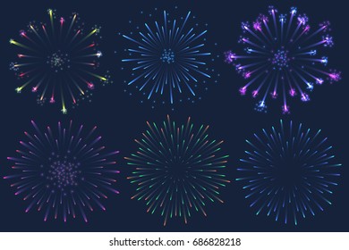 Set of Vector colorful Firework illustration on dark background