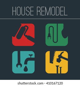 Set of vector colorful flat icons on the theme of home repairs or remodeling. The square icons on a dark background.