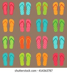 Set of vector colorful flip flops on dark background