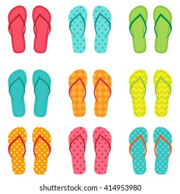 Set of vector colorful flip flops on white background