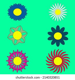 Set of vector colorful flowers in cartoon style isolated on turquoise background. Beautiful, amazing, wonderful, simple,modern flowers. For packaging, computer programs, logos