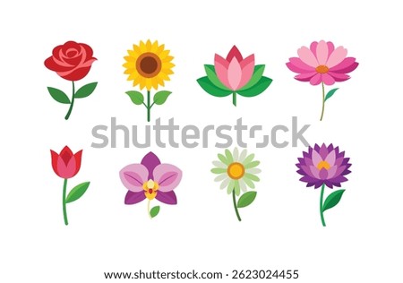 Set of vector colorful flowers on white background. rose, tulip, sunflower, lotus, daisy, orchid, aster