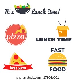 Set of vector colorful food logos. Pizza, lunch, salat, hamburged.