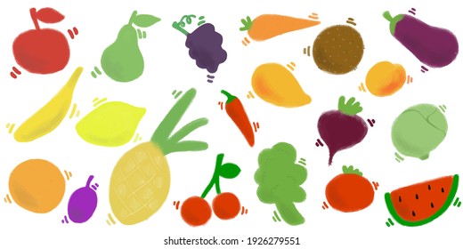 Set of vector colorful food: vegetables, fruits, berries. Carrot, radish, eggplant, tomato, broccoli, peach, watermelon, cherry, mango fruit, coconut, apple, pear, plum, pineapple, lemon, banana. 