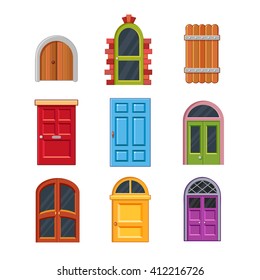 Set of vector colorful front doors for buildings. Construct your own house. Cute entrance. Old wooden gate. Cartoon house elements.