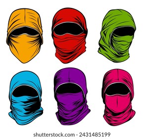 set vector colorful full face mask icon. Gangster, hacker, ultras supporters mask design illustration