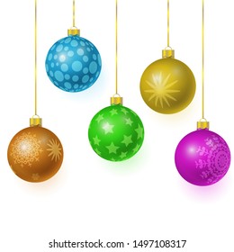 set of vector colorful glass christmas tree balls hanging on gold eyelets. 3D illustration. 