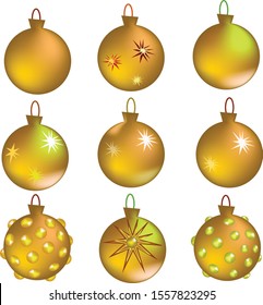 Set of vector  colorful glass christmas tree balls. Golden bubbles for Christmas and New Yar, decoration for the Christmas tree.