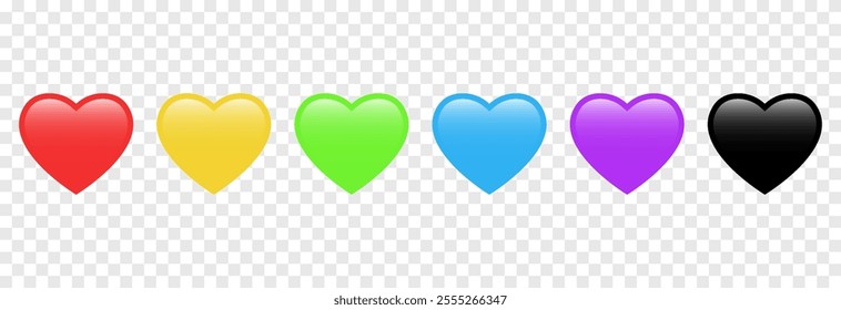 Set of vector colorful hearts png. Icons of hearts, likes, emoji png. Hearts for Valentine's Day.