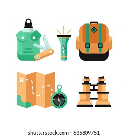 Set of vector colorful hiking and camping equipment symbols and icons: map, flashlight, compass, knife, flask, boots and tent. Vector flat illustration on white background.