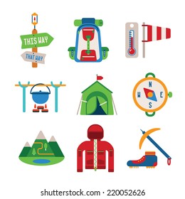 Set of vector colorful hiking icons like backpack tent compass windbreaker bowler and climbing shoes in flat style