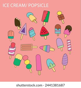 Set vector colorful Ice cream and Popsicles, pastel
