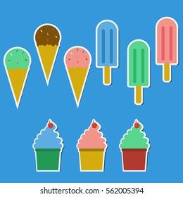 Set of vector colorful ice cream stickers in flat style