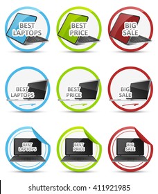 Set of vector colorful icons with black notebook/best laptop, best price, big sale.