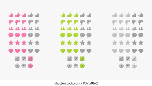 Set of vector colorful icons (rating, talk, like, favorite, heart, check)