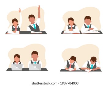 Set of vector colorful illustrations isolated on white background. Young pupils studying at school with books, notepads and laptops.