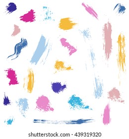 Set of vector colorful ink blot created with dry brush. Easy to use isolated hand drawn design elements. With pretty pink, blue, yellow and purple violet pastel colors