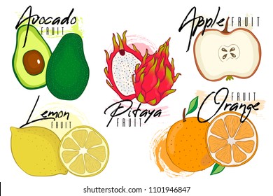 Set Vektorillustration von bunten, isolierten Cartoon Vitamin-Fruchtsymbole: Apfel, Zitrone, Pitaya, Avocado, Orange, Zitrone . Vektorillustration, einzeln auf Weiß. handgezeichnet