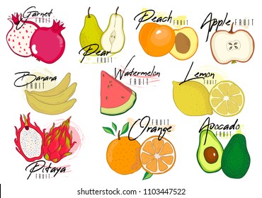 Set Vektorillustration von bunten, isolierten Cartoon Vitamin-Früchte-Symbole: Garn, Birne, Pfirsich, Apfel, Banane, Zitrone, Wassermelone, Pitaya, Avocado, Orange, Zitronengrafik einzeln auf Weiß handgezeichnet