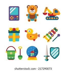 Set of vector colorful kids toys in flat style like portable game teddy bear excavator duck gift bucket snow globe sword shield and xylophone