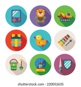 Set of vector colorful kids toys icons in flat style like portable game teddy bear excavator duck gift bucket snow globe sword shield and xylophone