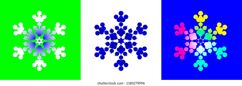 Set of vector colorful linear snowflakes icons on blue, green and white background. 