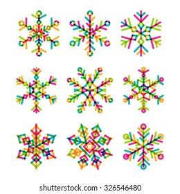 Set of vector colorful linear snowflakes icons isolated on white background. New Year and Christmas holidays design elements. 