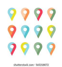 Set of vector colorful map placeholder icons in pastel colors. Collection of pin navigation pointer logotypes
