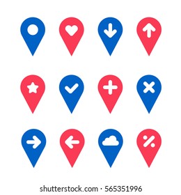 Set of vector colorful map placeholder icons colors. Collection of blue and red pin navigation pointers