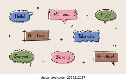 Set of vector colorful and mocha mousse color text boxes, speech bubbles, and comic clouds. Hand-drawn crayon scribbles, doodle lines, and balloon frames for text titles. Vector illustration.