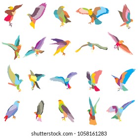 Set of vector colorful mosaic cut out flying and sitting silhouettes of eagle, hawk isolated on white background